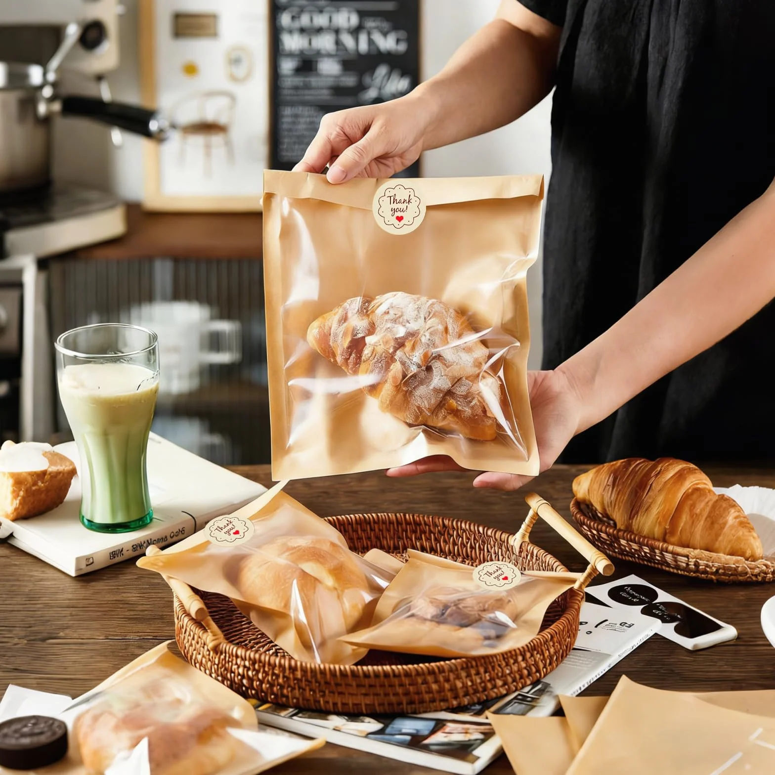 100 sztuk torebek na żywność z okienkiem i naklejkami, 18 × 19 cm papierowe torebki na chleb do domowego chleba, na wesela, Boże Narodzenie, ciastka, pączki, muffinki, itp