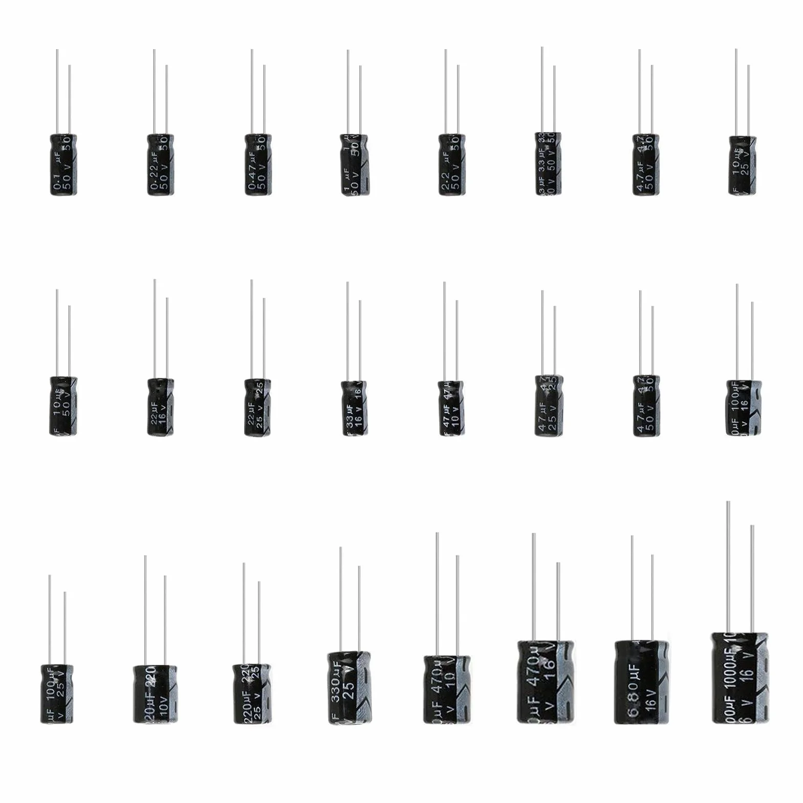 24 Wartości Elektrolitycznych Kondensatorów Kondensator Zestaw Electrolytic Capacitor Kit From 0.1uF to 1000uF 10V 16V 25V 50V Aluminiowych Kondensatory Set