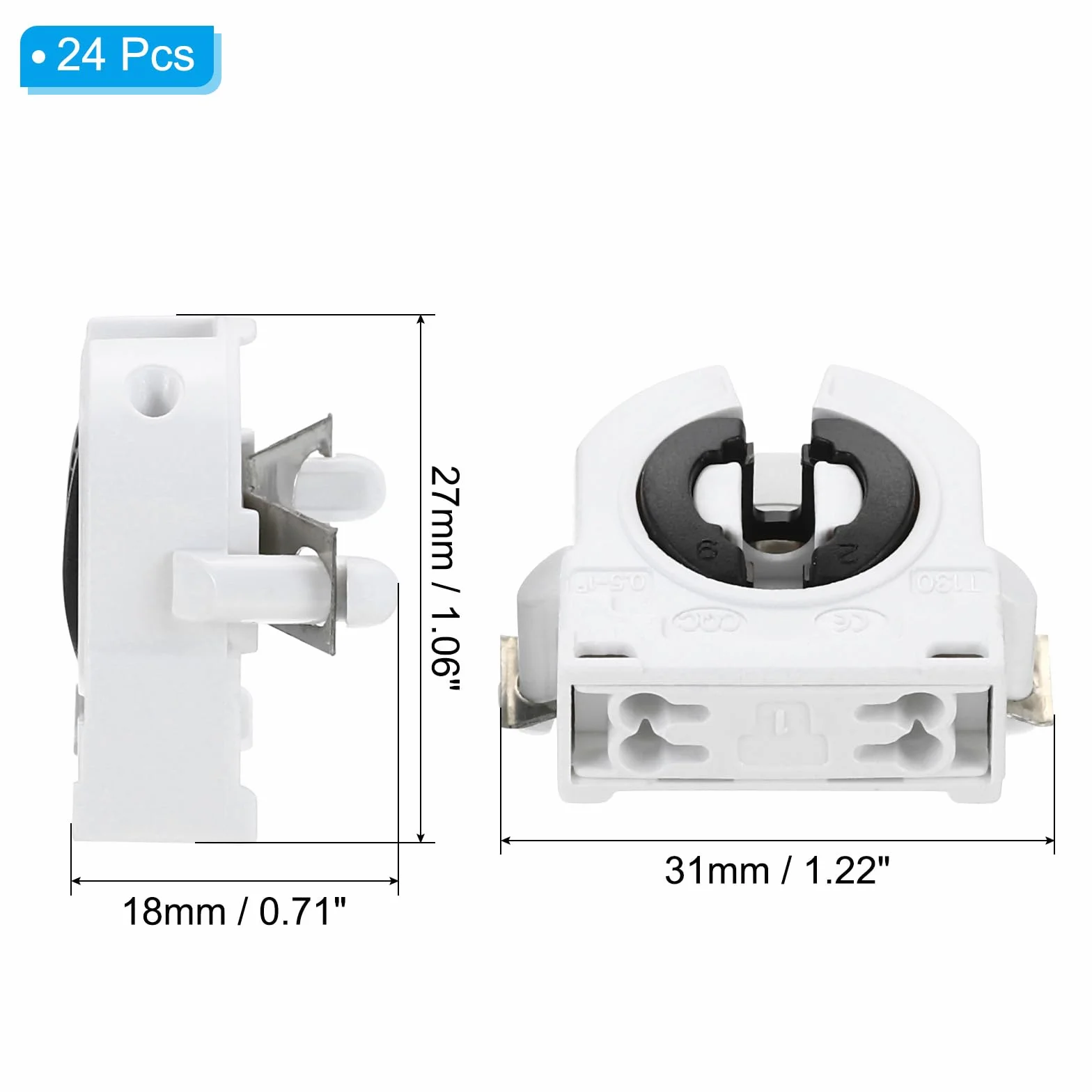 PATIKIL T8 uchwyt do świetlówki G13 oprawka LED 250 V obrotowy 27 x 31 x 18 mm 24 sztuki
