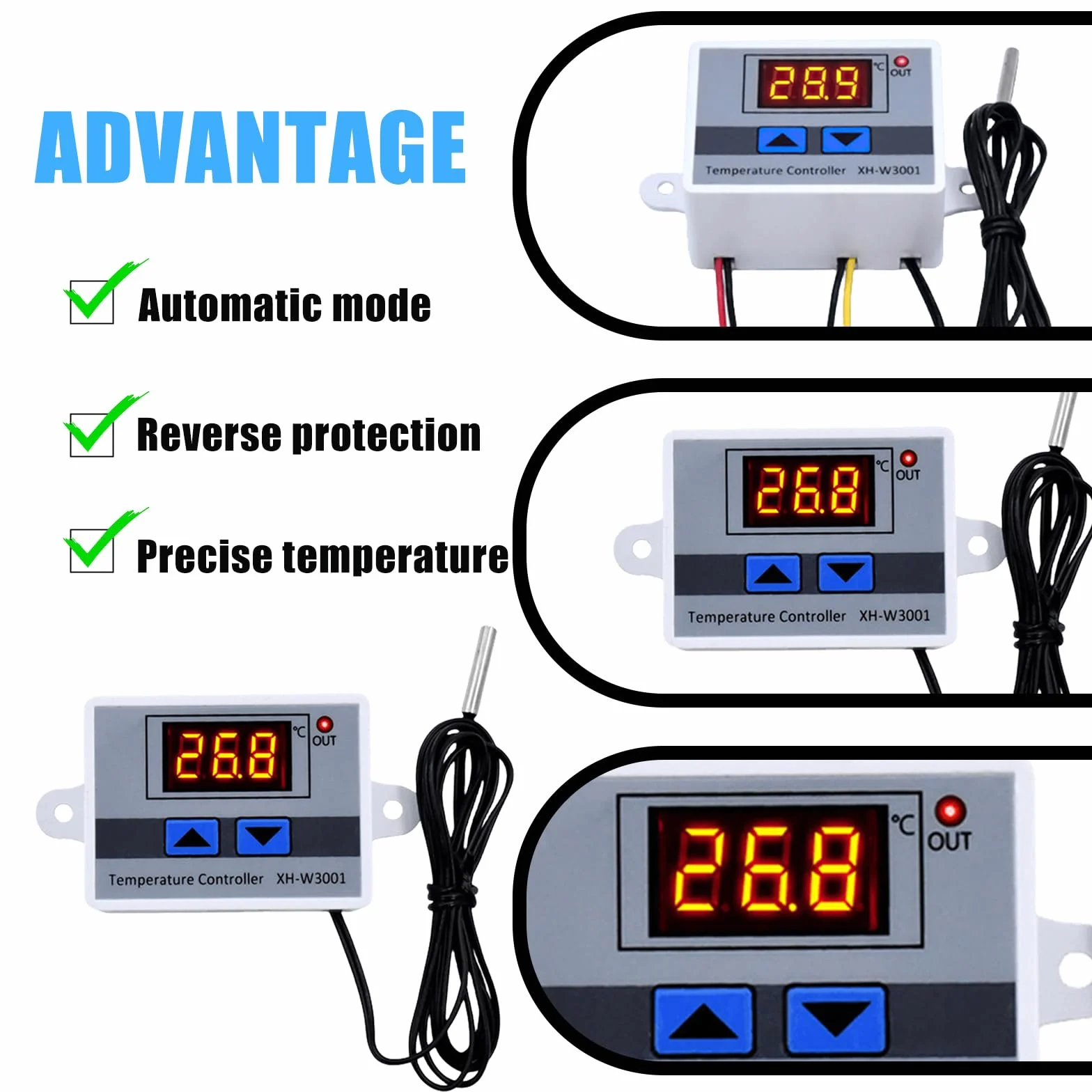 3 sztuki cyfrowego regulatora temperatury, termostat cyfrowy XH-W3001 z czujnikiem, wodoodporna sonda AC110V-220V, wyświetlacz LCD, termostat do ogrzewania i chłodzenia