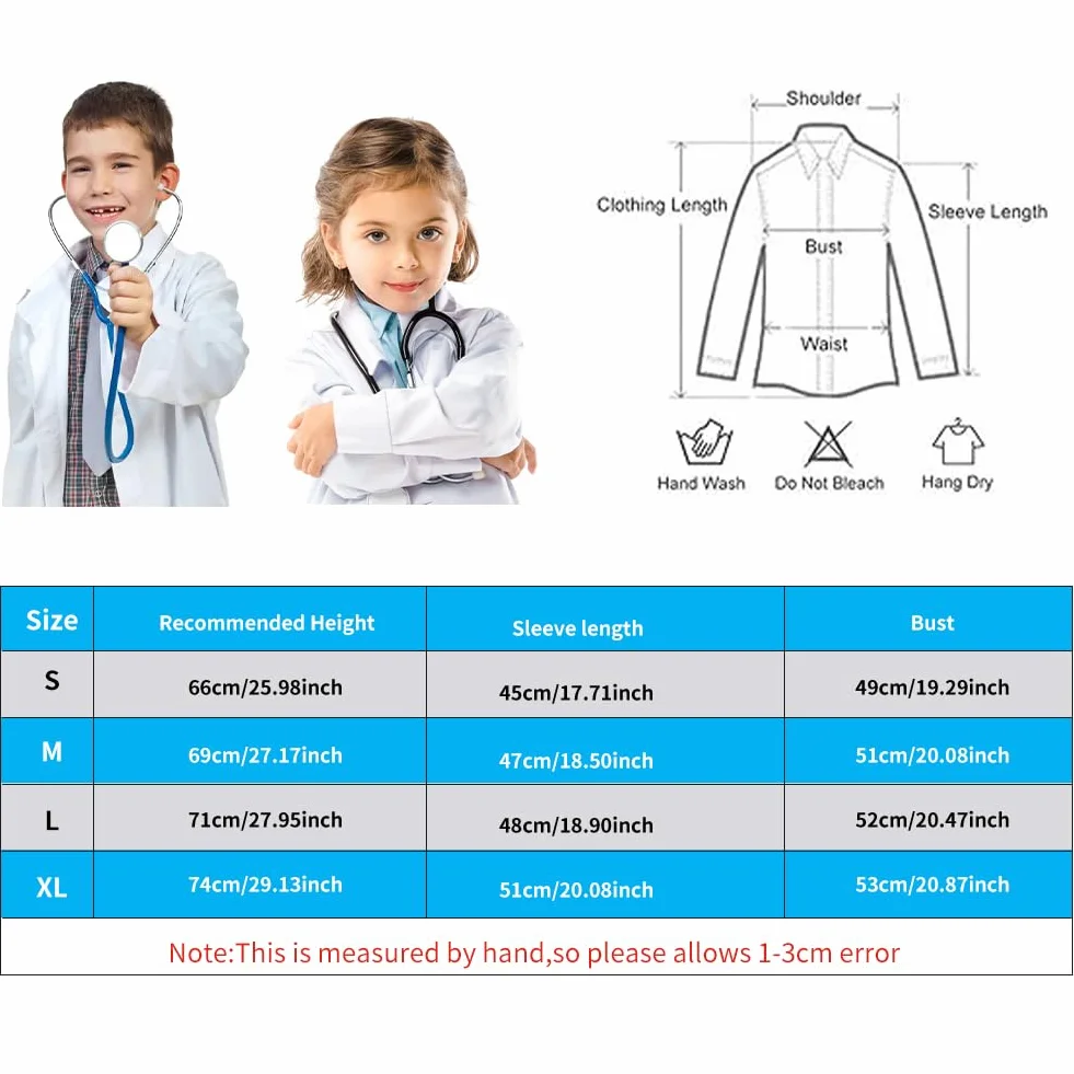 Comioke Fartuch lekarski dla dzieci, bawełna, fartuch laboratoryjny, dla dzieci, chłopców, dziewczynek, chemia, płaszcz laboratoryjny, długi rękaw, fartuch, biały kostium lekarza, płaszcz dla uczniów