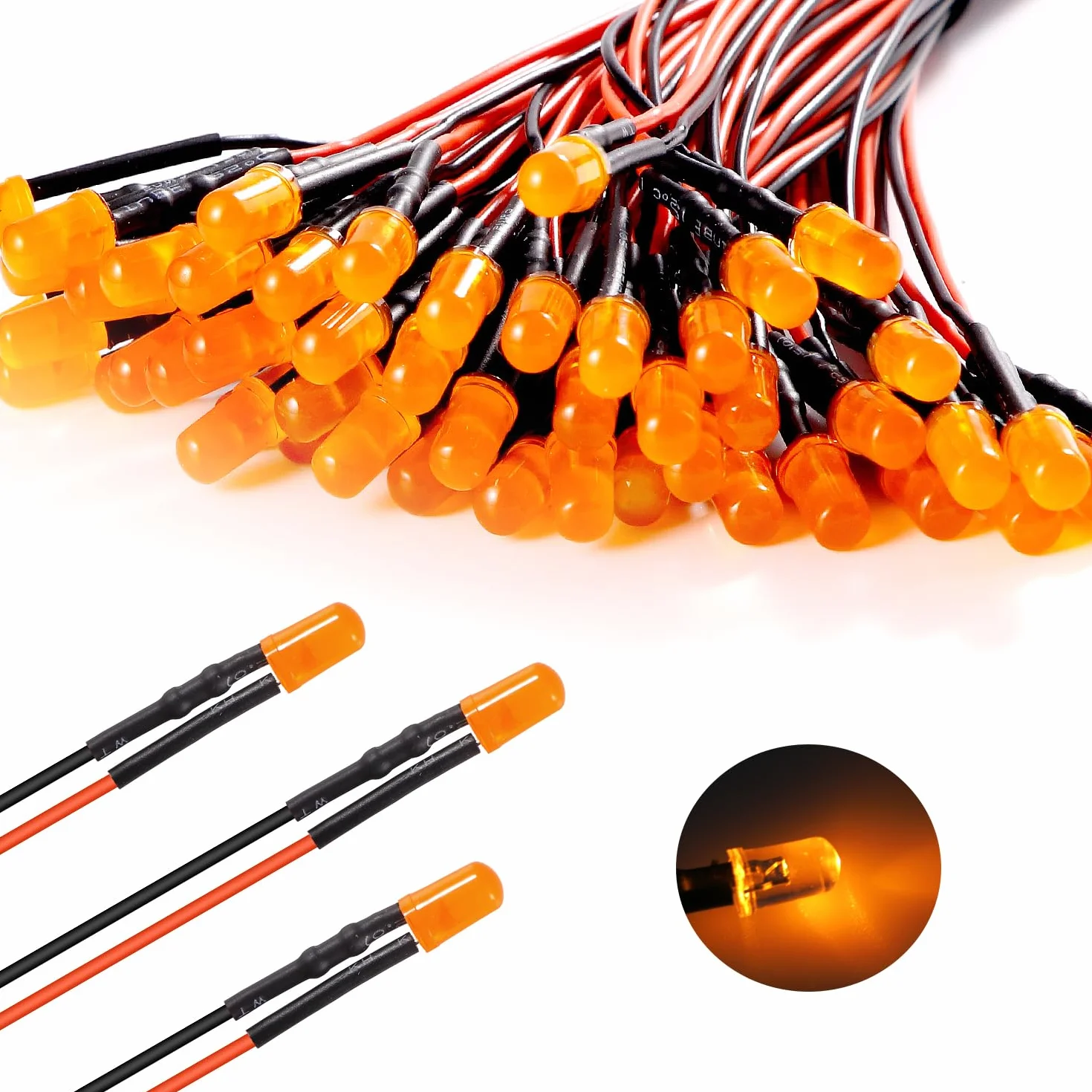 50 Sztuk 5mm 12V Przewodowe Diody LED z Rozproszoną Kolorową Soczewką, Pomarańczowy, 20cm Dioda LED + 50 Sztuk 5mm Plastikowy Uchwyt LED