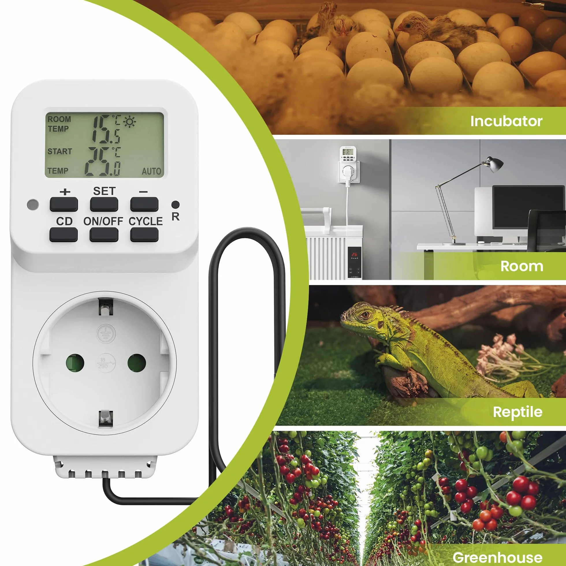 Idealne gniazdo termostatyczne, regulator temperatury 230 V, termostat z czujnikiem, przełącznik temperatury do ogrzewania, chłodzenia, szklarni, terrarium, biały