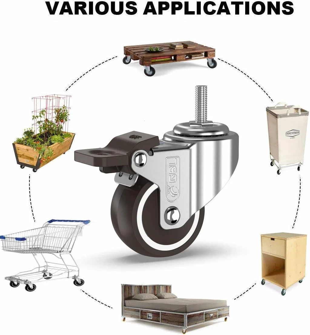 GBL Wytrzymałe koła meblowe z 2 hamulcami + śrubami - 50 mm M10 x 25 mm do 200 kg - opakowanie 4 bez śladów podłogi, ciche kółka do mebli, gumowane kółka do wózków - srebrne kółka